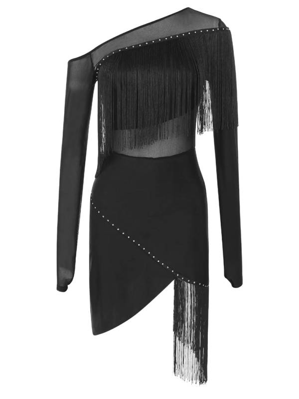 Women Long Sleeve Tassel Samba Latin Dance Dress thumb