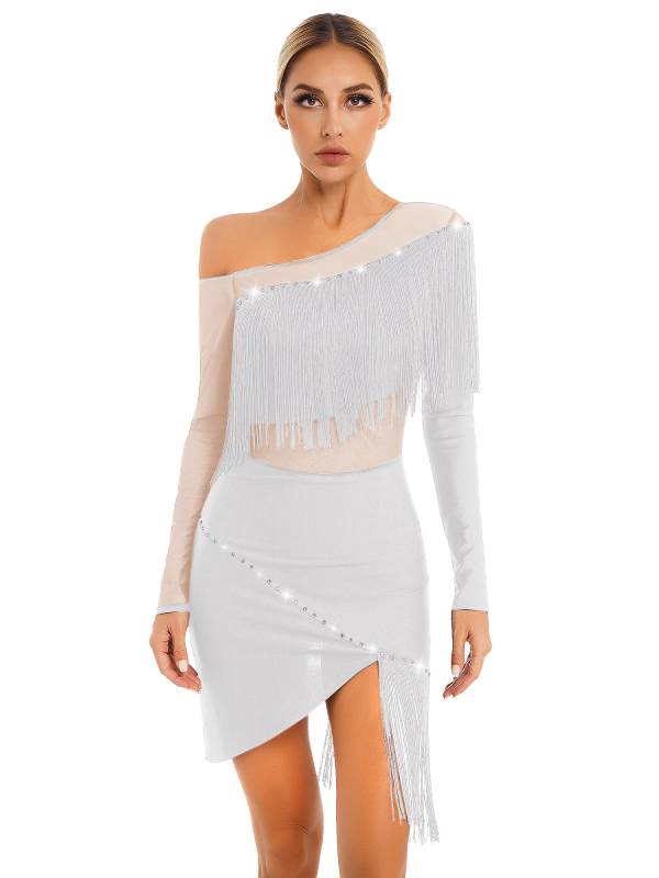 Women Long Sleeve Tassel Samba Latin Dance Dress thumb