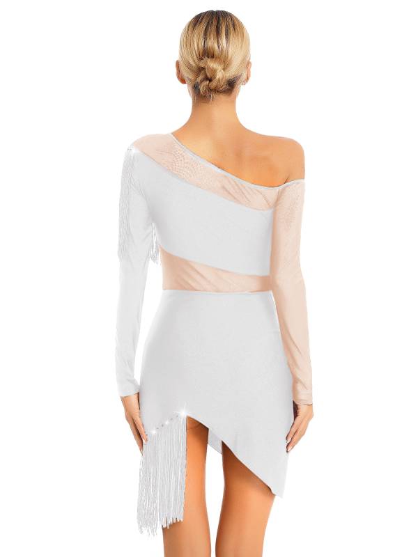 Women Long Sleeve Tassel Samba Latin Dance Dress thumb