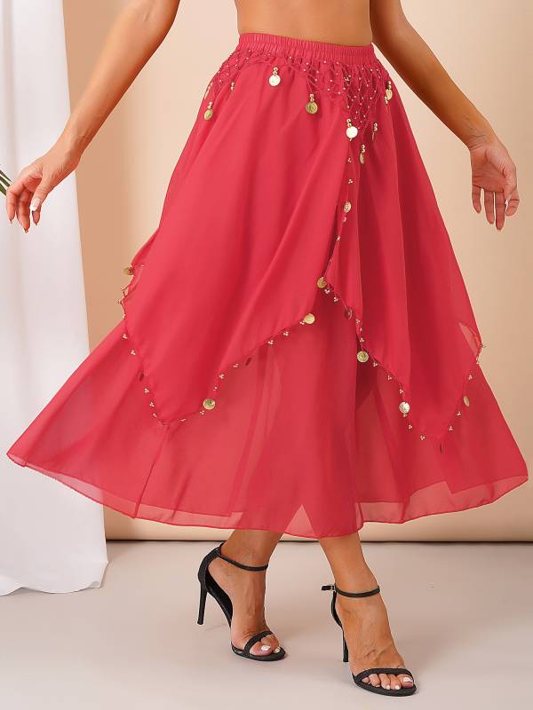 Women Sequin Beaded Chiffon Belly Dance Skirts thumb
