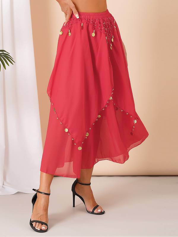 Women Sequin Beaded Chiffon Belly Dance Skirts thumb