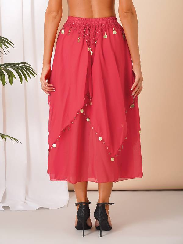 Women Sequin Beaded Chiffon Belly Dance Skirts thumb