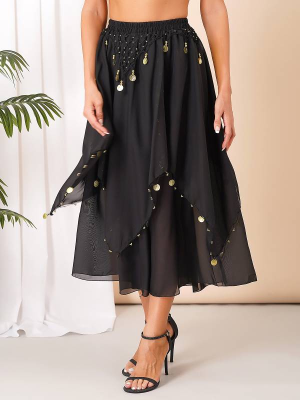 Women Sequin Beaded Chiffon Belly Dance Skirts thumb