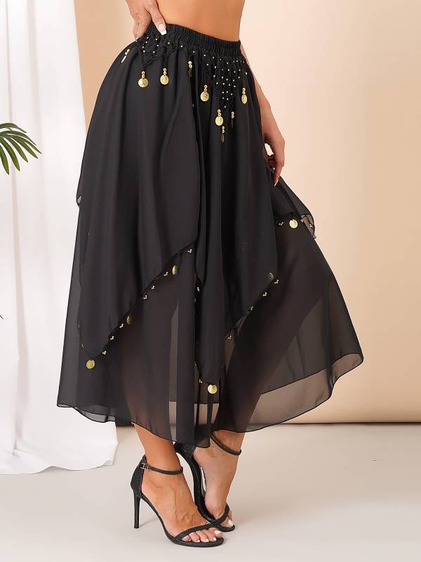 Women Sequin Beaded Chiffon Belly Dance Skirts thumb
