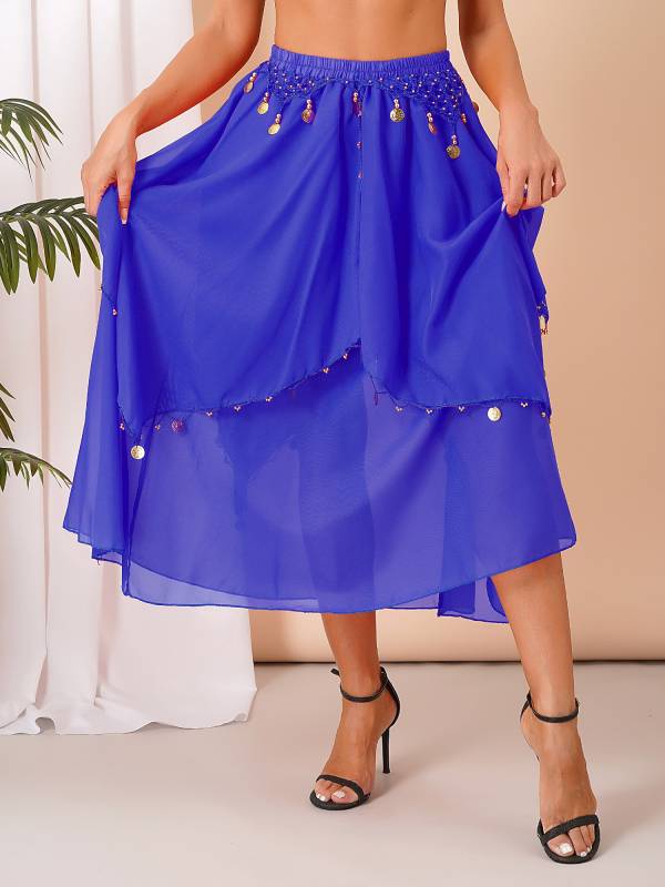 Women Sequin Beaded Chiffon Belly Dance Skirts thumb