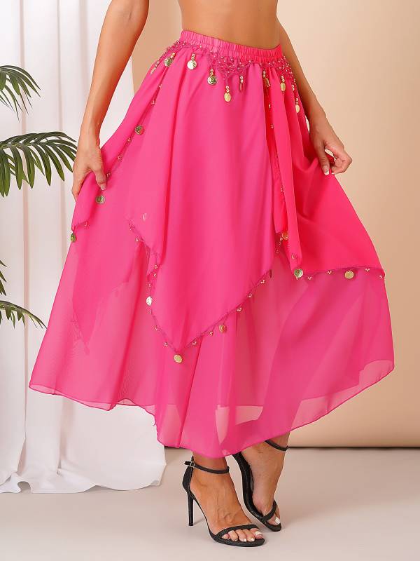 Women Sequin Beaded Chiffon Belly Dance Skirts thumb