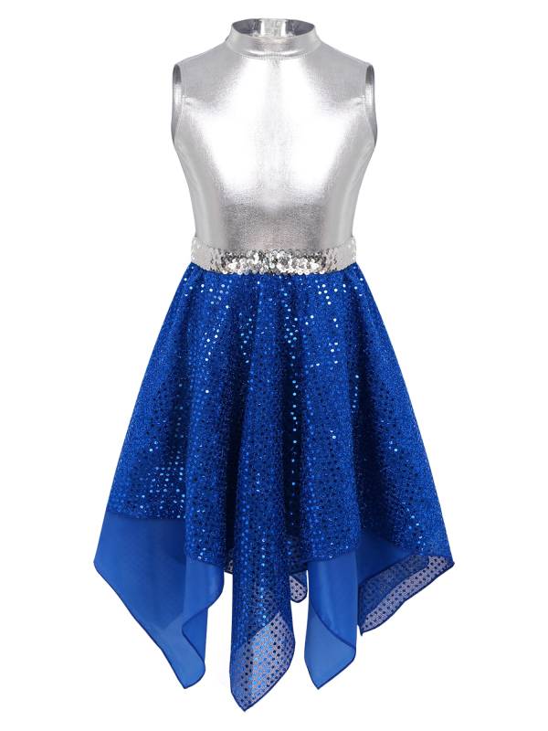 Kids Girls Sleeveless Metallic Sequins Asymmetrical Lyrical Dance Dress thumb