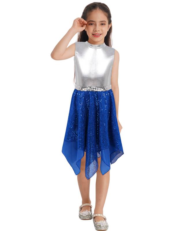 Kids Girls Sleeveless Metallic Sequins Asymmetrical Lyrical Dance Dress thumb