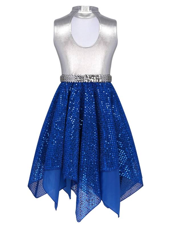 Kids Girls Sleeveless Metallic Sequins Asymmetrical Lyrical Dance Dress thumb