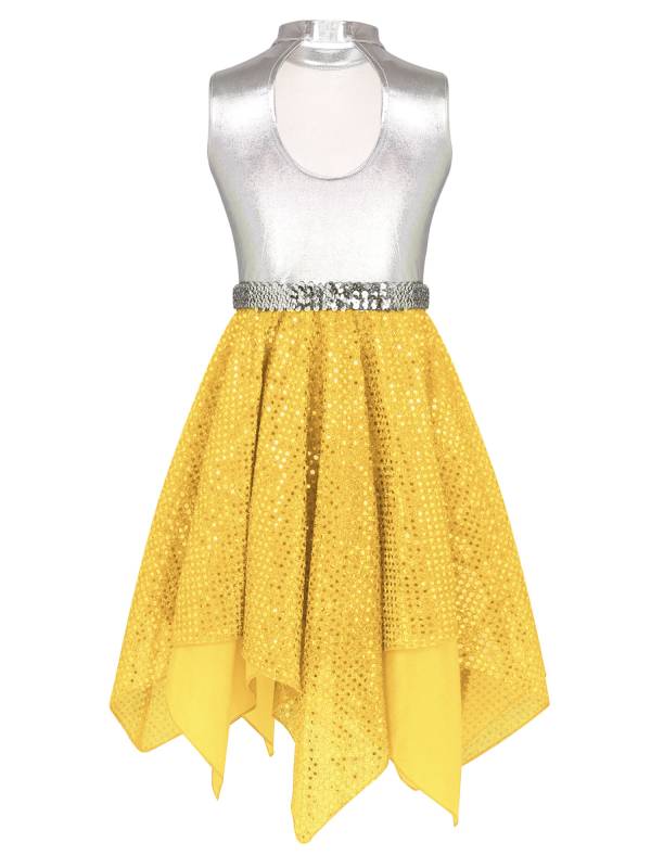 Kids Girls Sleeveless Metallic Sequins Asymmetrical Lyrical Dance Dress thumb