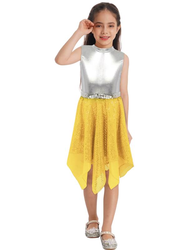 Kids Girls Sleeveless Metallic Sequins Asymmetrical Lyrical Dance Dress thumb