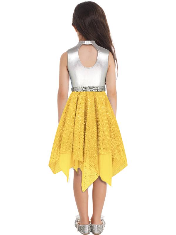 Kids Girls Sleeveless Metallic Sequins Asymmetrical Lyrical Dance Dress thumb