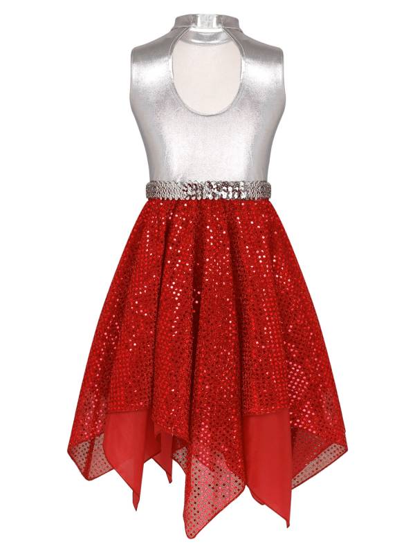 Kids Girls Sleeveless Metallic Sequins Asymmetrical Lyrical Dance Dress thumb