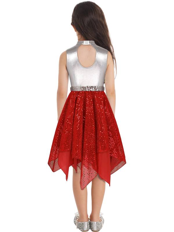 Kids Girls Sleeveless Metallic Sequins Asymmetrical Lyrical Dance Dress thumb