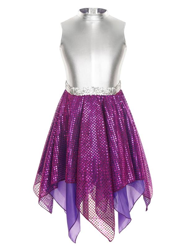 Kids Girls Sleeveless Metallic Sequins Asymmetrical Lyrical Dance Dress thumb