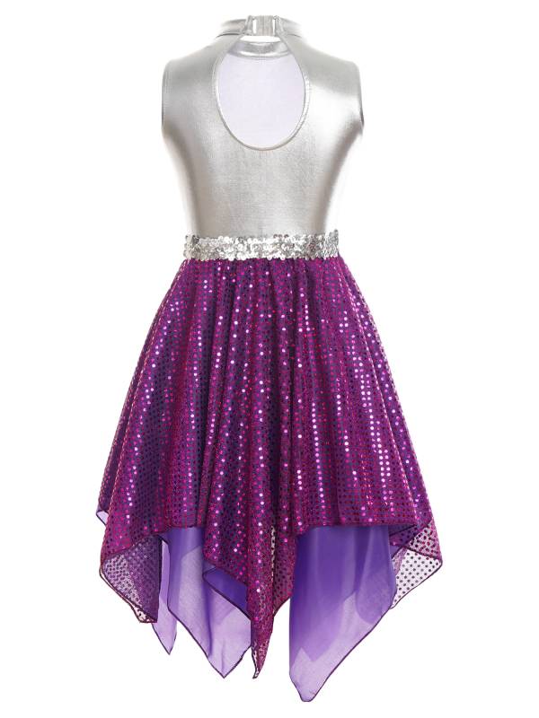 Kids Girls Sleeveless Metallic Sequins Asymmetrical Lyrical Dance Dress thumb