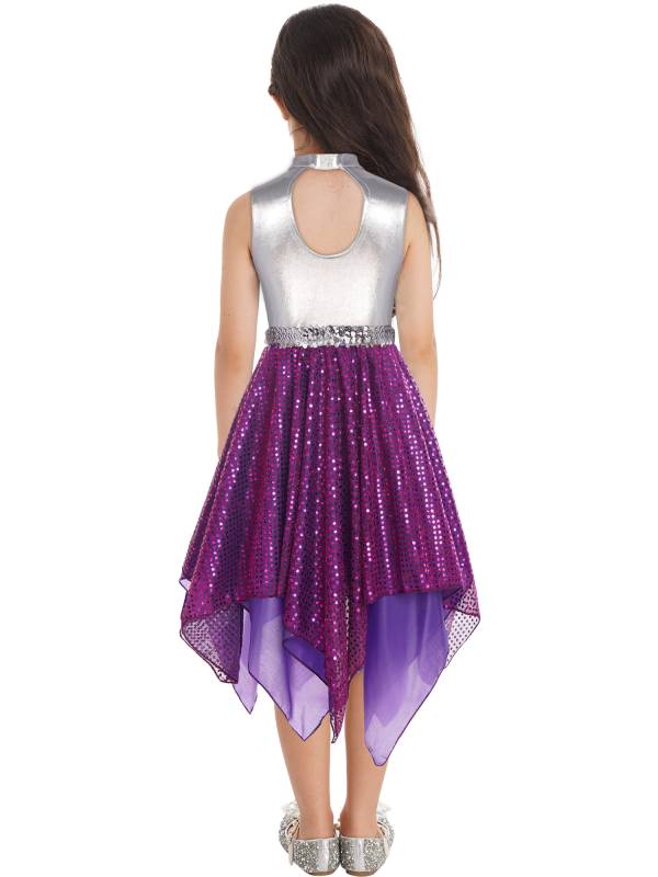 Kids Girls Sleeveless Metallic Sequins Asymmetrical Lyrical Dance Dress thumb