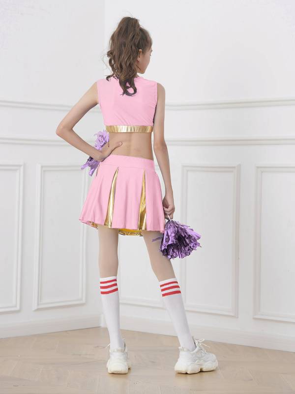 Kids Girls 2pcs Sleeveless Crop Top with Skirt Cheerleading Dance Set thumb
