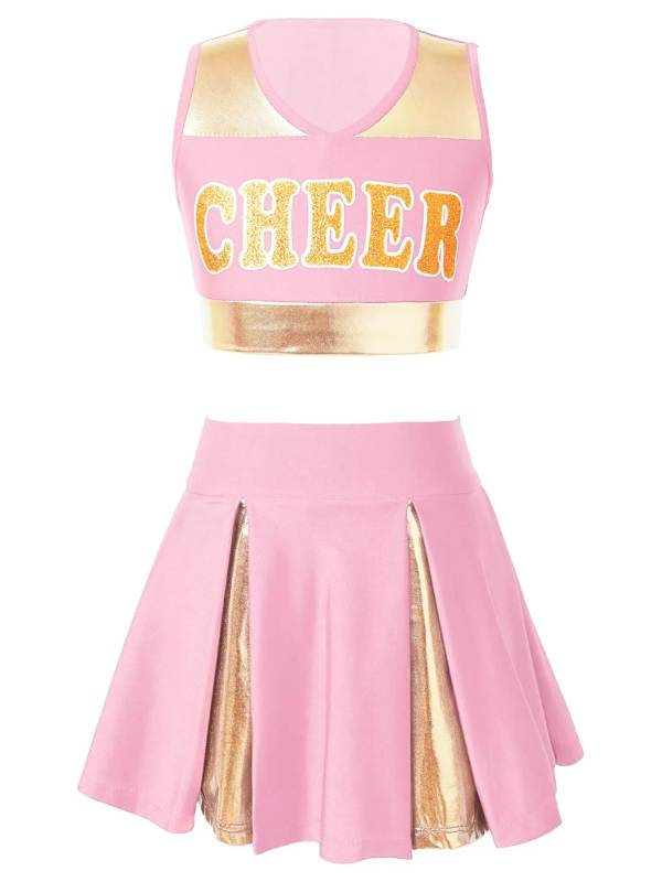 Kids Girls 2pcs Sleeveless Crop Top with Skirt Cheerleading Dance Set thumb
