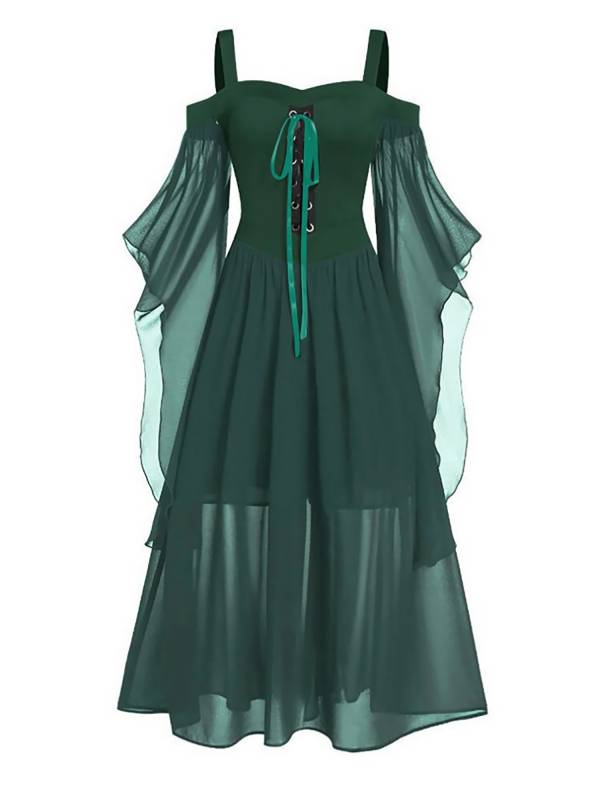 Women Halloween Medieval Flared Sleeve Cold Shoulder Gothic Lace-up Dress thumb