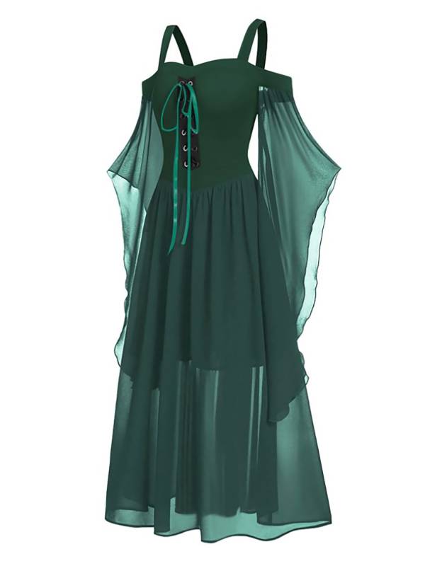 Women Halloween Medieval Flared Sleeve Cold Shoulder Gothic Lace-up Dress thumb