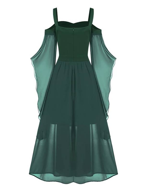 Women Halloween Medieval Flared Sleeve Cold Shoulder Gothic Lace-up Dress thumb