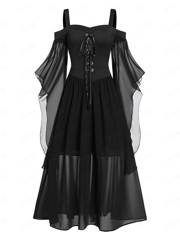 Women Halloween Medieval Flared Sleeve Cold Shoulder Gothic Lace-up Dress thumb