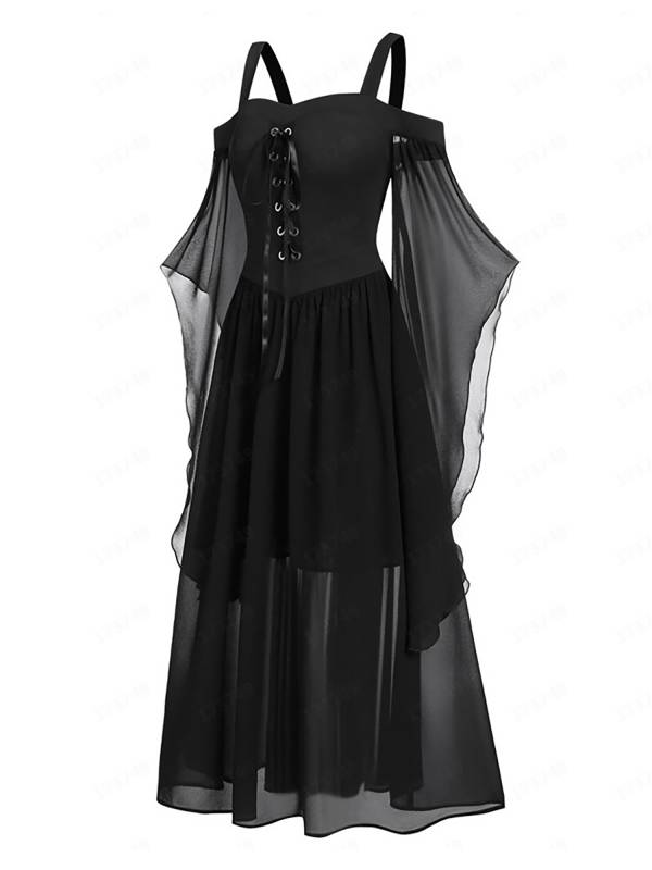 Women Halloween Medieval Flared Sleeve Cold Shoulder Gothic Lace-up Dress thumb