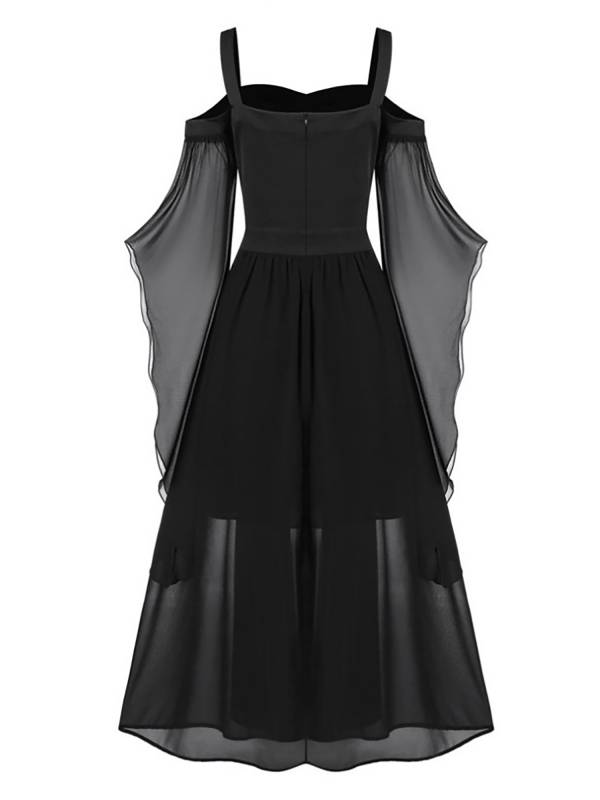 Women Halloween Medieval Flared Sleeve Cold Shoulder Gothic Lace-up Dress thumb