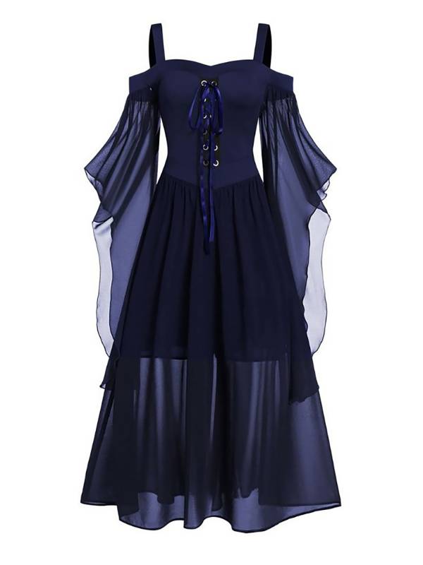 Women Halloween Medieval Flared Sleeve Cold Shoulder Gothic Lace-up Dress thumb