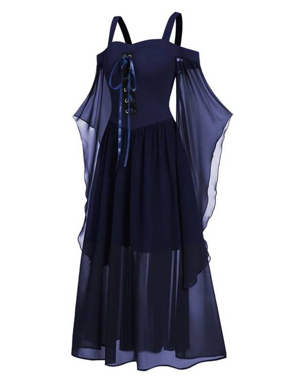 Women Halloween Medieval Flared Sleeve Cold Shoulder Gothic Lace-up Dress thumb