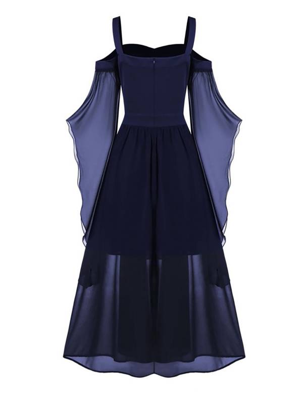 Women Halloween Medieval Flared Sleeve Cold Shoulder Gothic Lace-up Dress thumb