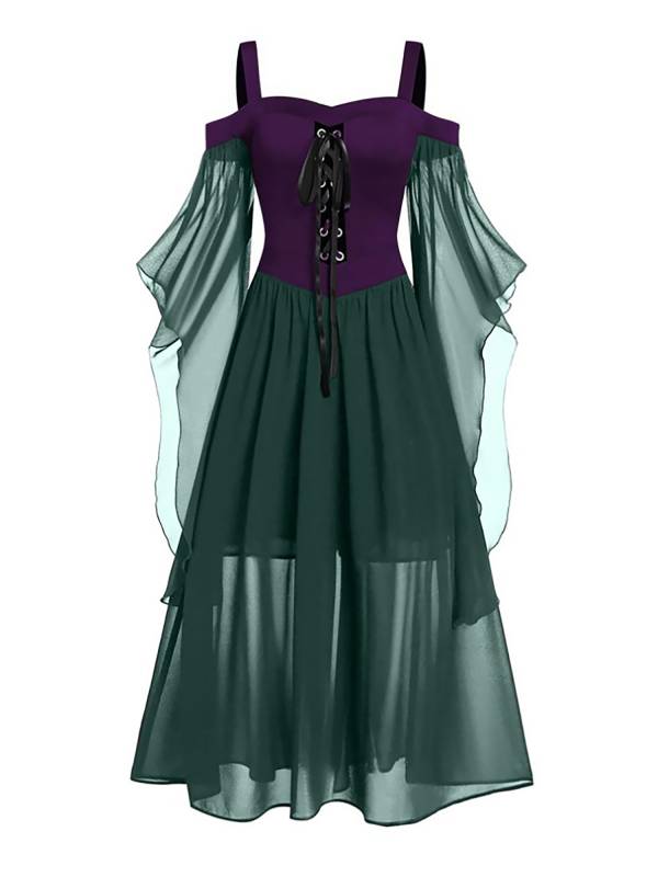 Women Halloween Medieval Flared Sleeve Cold Shoulder Gothic Lace-up Dress thumb