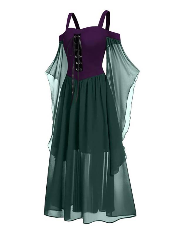 Women Halloween Medieval Flared Sleeve Cold Shoulder Gothic Lace-up Dress thumb