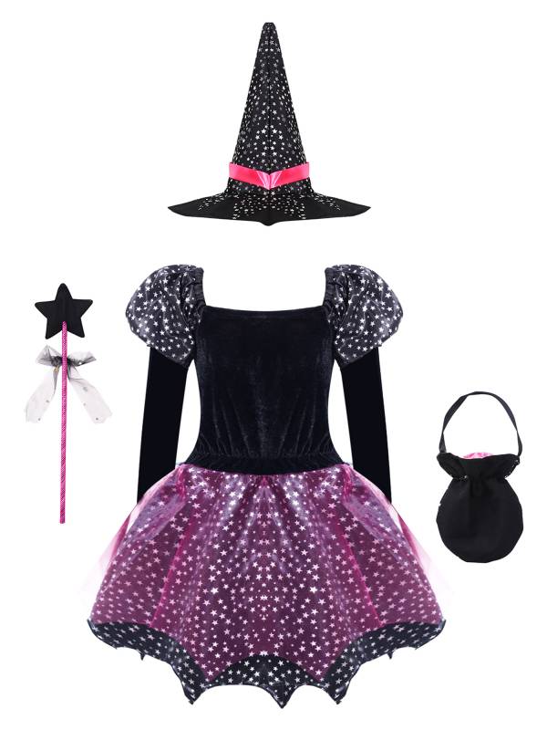 Kids Girls Halloween Long Sleeve Stars Dress with Hat Bag Witch Costume thumb