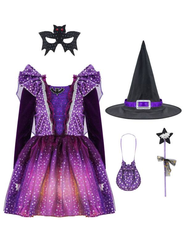 Kids Girls Halloween Long Sleeve Stars Dress with Hat Bag Witch Costume thumb