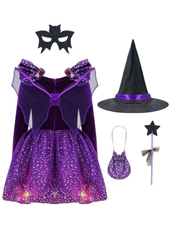 Kids Girls Halloween Long Sleeve Stars Dress with Hat Bag Witch Costume thumb