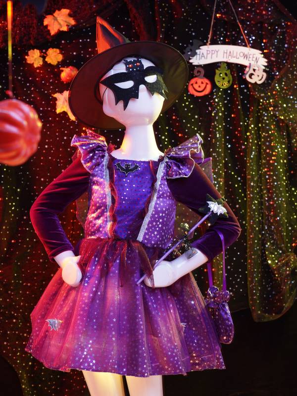 Kids Girls Halloween Long Sleeve Stars Dress with Hat Bag Witch Costume thumb