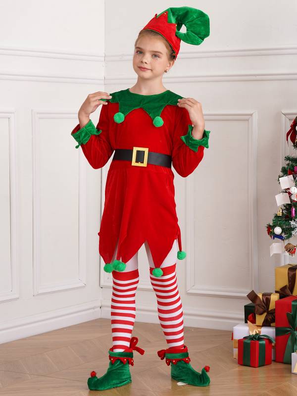 Kids 5pcs Christmas Long Sleeve Dress with Belt Stockings Shoes Elf Costume thumb