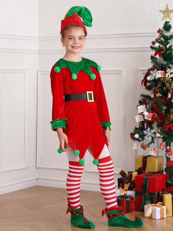 Kids 5pcs Christmas Long Sleeve Dress with Belt Stockings Shoes Elf Costume thumb