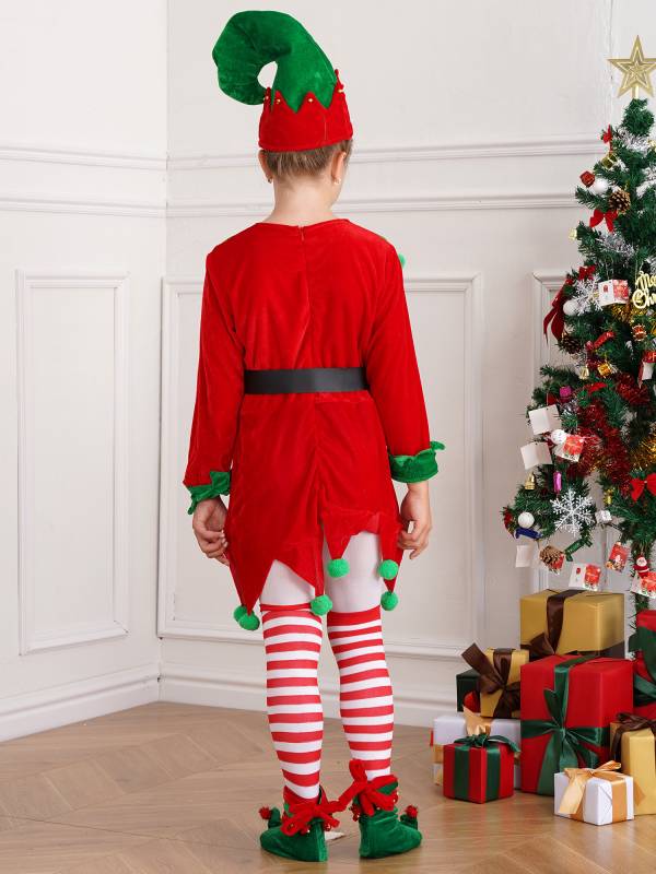 Kids 5pcs Christmas Long Sleeve Dress with Belt Stockings Shoes Elf Costume thumb