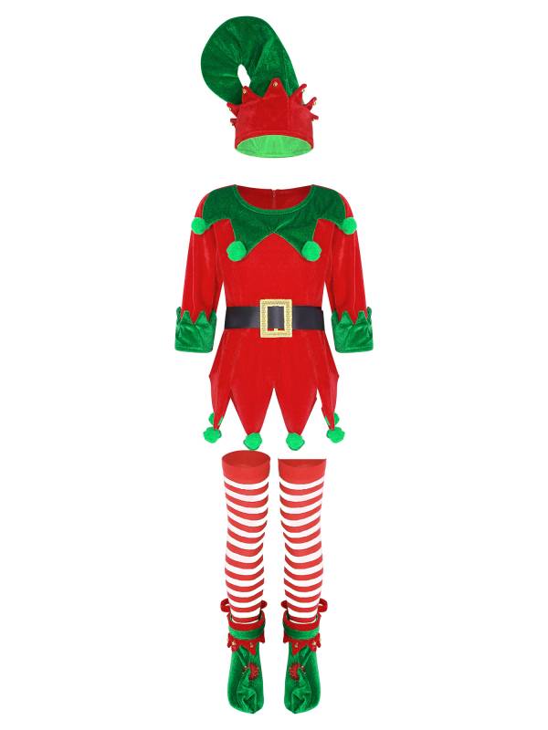 Kids 5pcs Christmas Long Sleeve Dress with Belt Stockings Shoes Elf Costume thumb