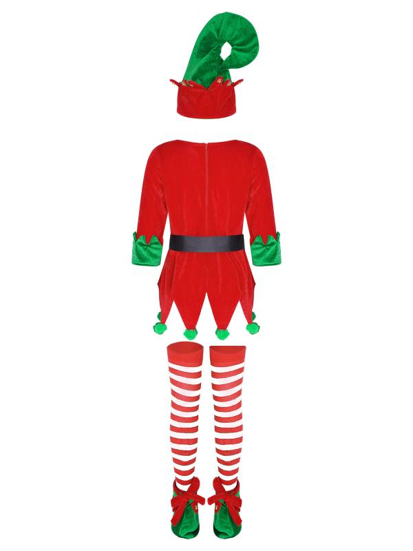 Kids 5pcs Christmas Long Sleeve Dress with Belt Stockings Shoes Elf Costume thumb