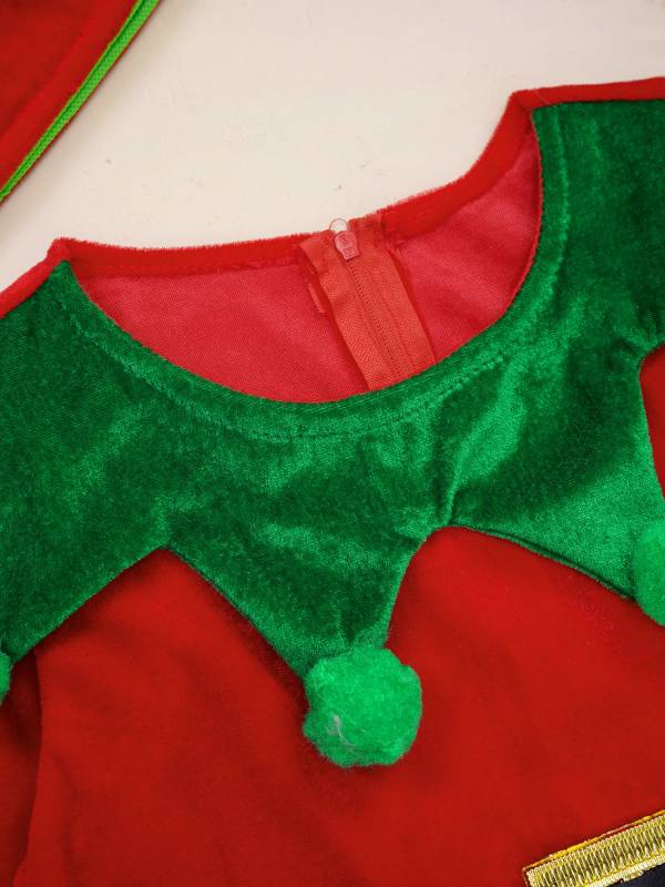 Kids 5pcs Christmas Long Sleeve Dress with Belt Stockings Shoes Elf Costume thumb
