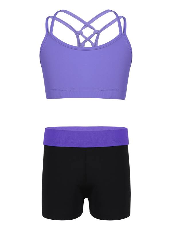 Kids Girls 2pcs Solid Color Strappy Crop Top and Shorts Sports Set thumb