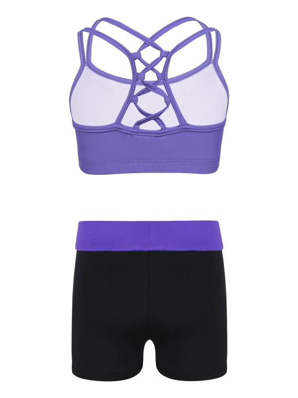 Kids Girls 2pcs Solid Color Strappy Crop Top and Shorts Sports Set thumb