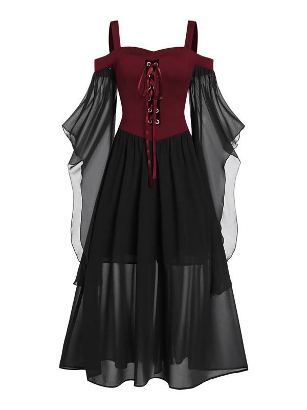 Women Halloween Medieval Flared Sleeve Cold Shoulder Gothic Lace-up Dress thumb