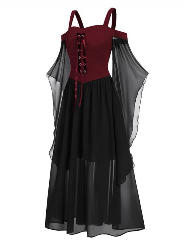 Women Halloween Medieval Flared Sleeve Cold Shoulder Gothic Lace-up Dress thumb