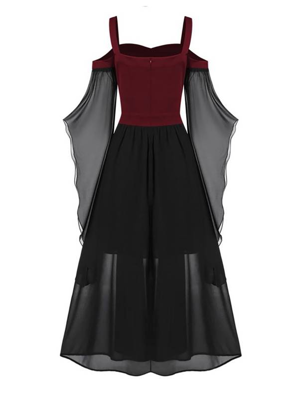 Women Halloween Medieval Flared Sleeve Cold Shoulder Gothic Lace-up Dress thumb