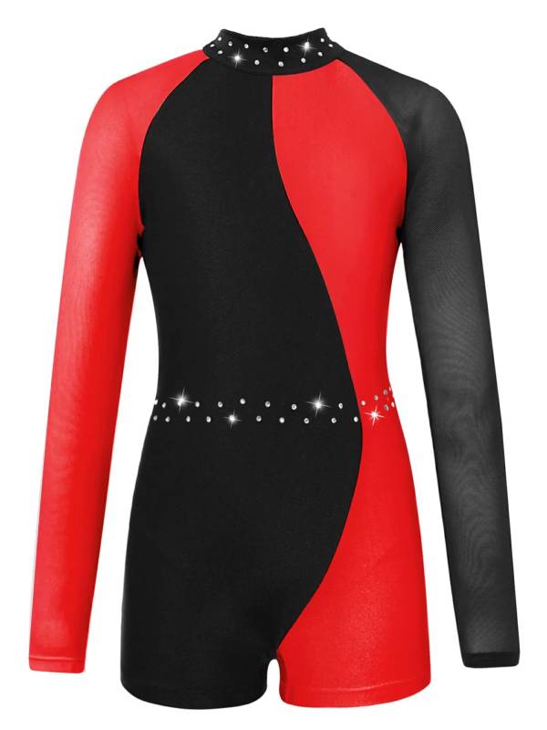 Kids Girls Long Sleeve Colorblock Gymnastics Leotard Dance Jumpsuit thumb